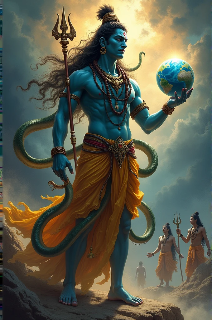 Shankar Bhagwan ke Gale Mein saamp bahut bada aur dusre Hath Mein Trishul aur dusre Hath Mein pura Prithvi Ek ungali Ko uthate Hue Barsana Brahma Vishnu Bhagwan donon Dekhkar darte hue