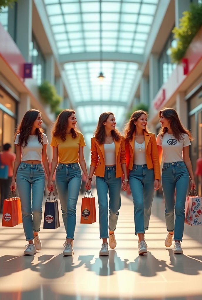 Five friends at the mall shopping, all wearing clothes from the 2000s, and bags in hands 