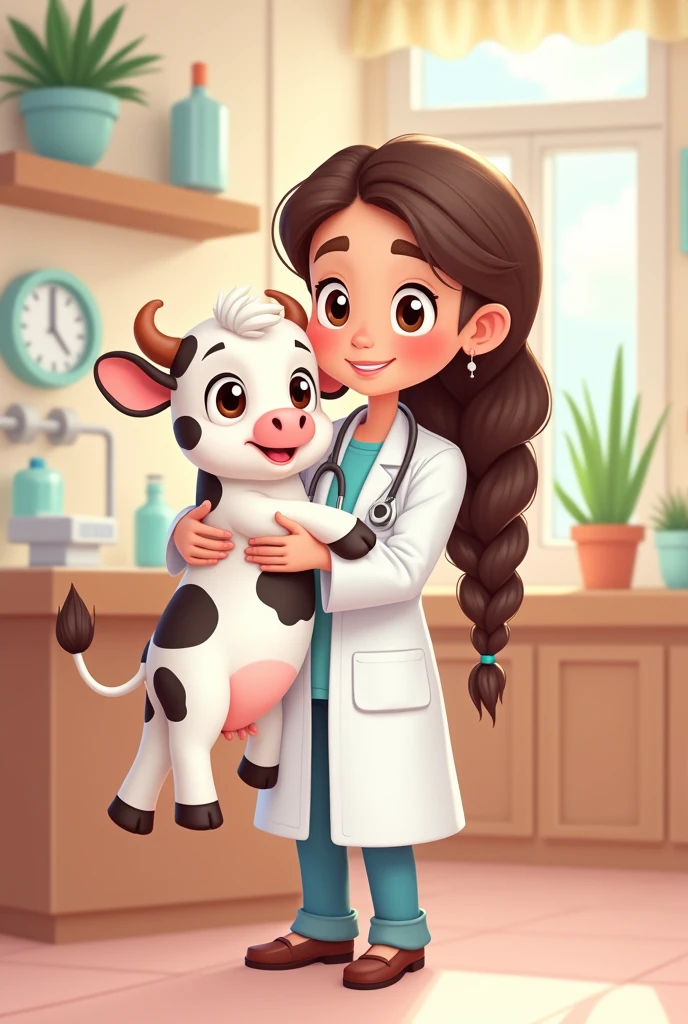 Create a cartoon drawing of a veterinarian with long braided hair , white skin and a baby cow
