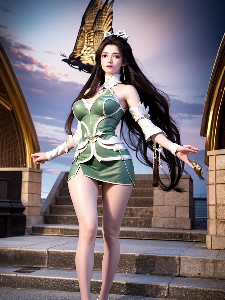 an ultra-hyperrealistic representation of a beautiful girl with pale skin and long wavy brown hair. she is dressed in green color battle through the heavens donghua style clothes, mini skirt and thigh-high socks. big sagging breasts. the artwork should have a realistic body, high quality, highly detailed, model face 