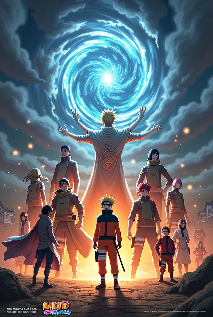 Create an epic poster featuring Naruto Uzumaki at the center in his Sage of the Six Paths form, surrounded by a dynamic swirl of Rasengan and Kurama’s chakra. Position Sasuke Uchiha to his side, showcasing his Rinnegan and Susanoo, and place Sakura Haruno next to him, performing a powerful medical jutsu. Include Kakashi Hatake with his Sharingan activated, Jiraiya in Sage Mode, and Tsunade Senju demonstrating her superhuman strength. Surround them with key figures like Hinata Hyuga, Shikamaru Nara, and Gaara, each in action-packed poses. Use a dramatic background of swirling storm clouds, vibrant energy fields, and a stylized Konoha to enhance the scene. Add the title “Naruto: Legends of the Ninja World” at the top and the tagline “The Journey, The Battles, The Heroes” at the bottom in bold, impactful text to capture the grandeur and excitement of the series.