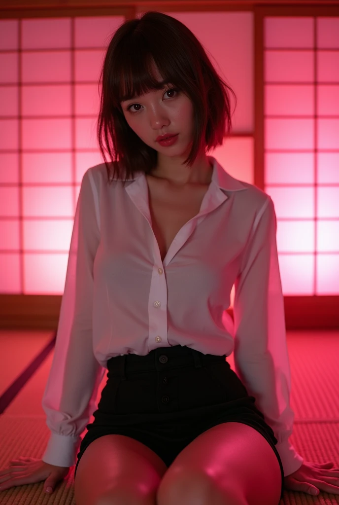 ((Japanese sexy idol)) Gal Mature Woman ((Plump, bright red lips with lipstick)) Heavy makeup Big Breasts Chubby Duck mouth ((Short brown hair with bangs)) ((Looking into the camera)) Sit with your legs apart ((White button shirt and black enamel tight skirt)) Low-angle shot of a person standing facing forward look down ((A bedroom with shoji and tatami mats lit up in pink neon lights))