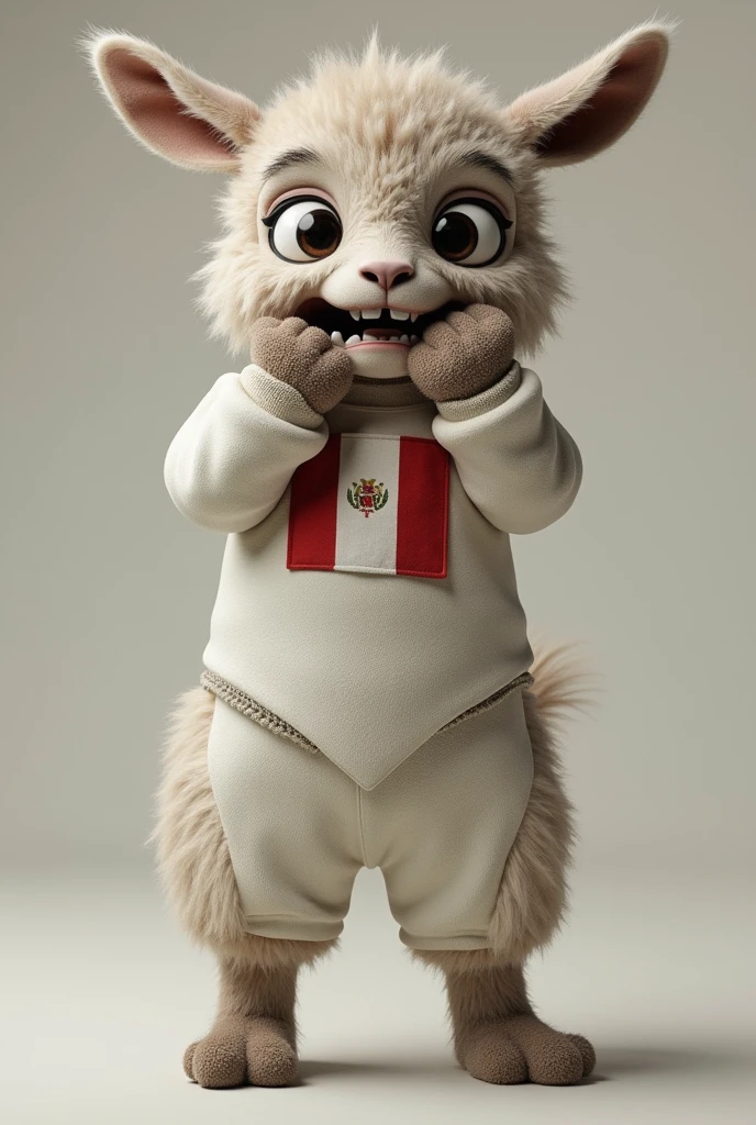 3D rendering of a Peruvian vicuña dressed as a fencer with its hands on its face with a panicked face. The vicuña is wearing a fencing uniform with the Peruvian flag on its chest. no background