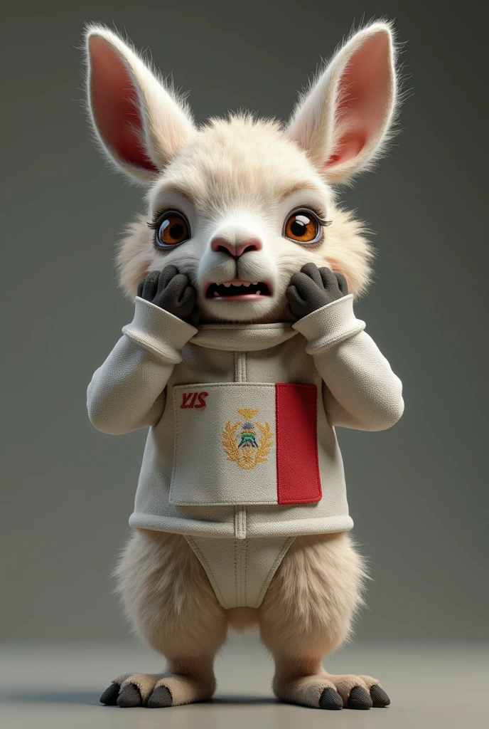 3D rendering of a Peruvian vicuña dressed as a fencer with its hands on its face with a panicked face. The vicuña is wearing a fencing uniform with the Peruvian flag on its chest. no background