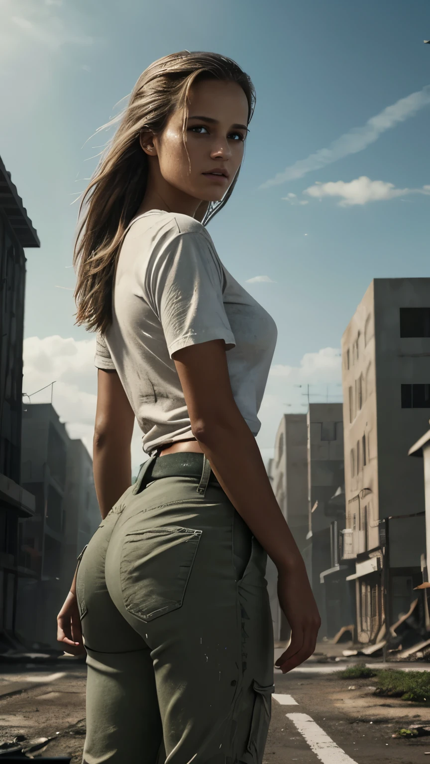 Foto hiperrealista en primer plano de 20 years old Alicia Vikander, masterpiece, best quality, (photorealistic:1.4), full body, she is dirty, (dirty with stains white t-shirt, dirty green tactical pants), dirty clothes with stains, Sunny day, empty asphalt road in the rugged style of the game's concept art. This work should evoke a sense of abandonment and despair in a futuristic, post-apocalyptic world. Notice the intricacies of detail, the sharp focus, grey sky, cinematic light, beautiful woman, skinny, medium breasts, straight dark blond hair, detailed face, photo taken from a distance, she walks away, her butt is visible