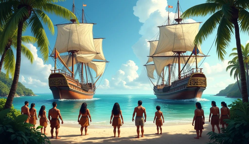 European ships facing indigenous people. Leave the left side and top half of the image empty for text placement. realistic styling, high resolution.”
