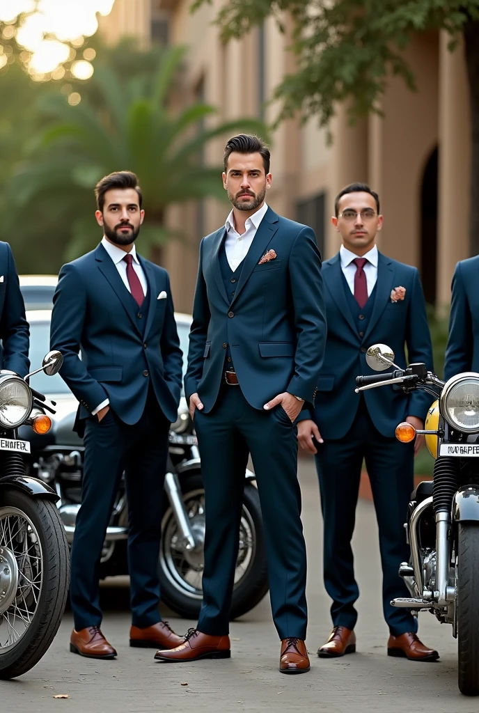 Six guys in formals with brown boots standing infront of 2 royal Enfield GT 650 and 2 royal Enfield classic 350 .in side there is one innova and skoda octivia