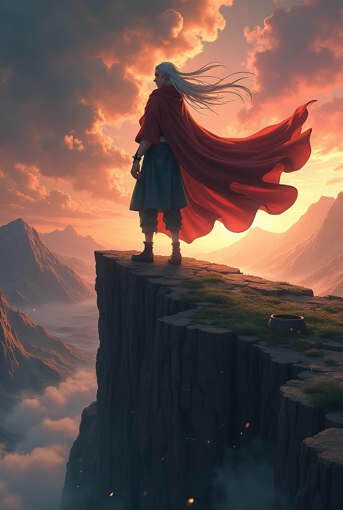 Design a dynamic and awe-inspiring scene featuring **Jiraiya**, the master of Naruto Uzumaki. **Depict Jiraiya standing heroically on a high, rugged cliff, overlooking a vast battlefield or serene landscape.** He should be in his Sage Mode, with his signature frog-inspired attire and a powerful aura of natural energy swirling around him. 

Capture his charismatic and determined expression, reflecting his wisdom and strength. His cloak should be billowing dramatically in the wind, with energy crackling around him, emphasizing his readiness for action. 

The background could include a stormy sky or a vibrant sunset, with distant mountains or a battle scene to frame the moment. Add a caption like “Jiraiya: The Sage’s Legacy of Power and Wisdom” in bold, impactful text at the bottom, underscoring his role as a mentor and a formidable ninja. This design should convey both the grandeur of his character and the respect he commands.