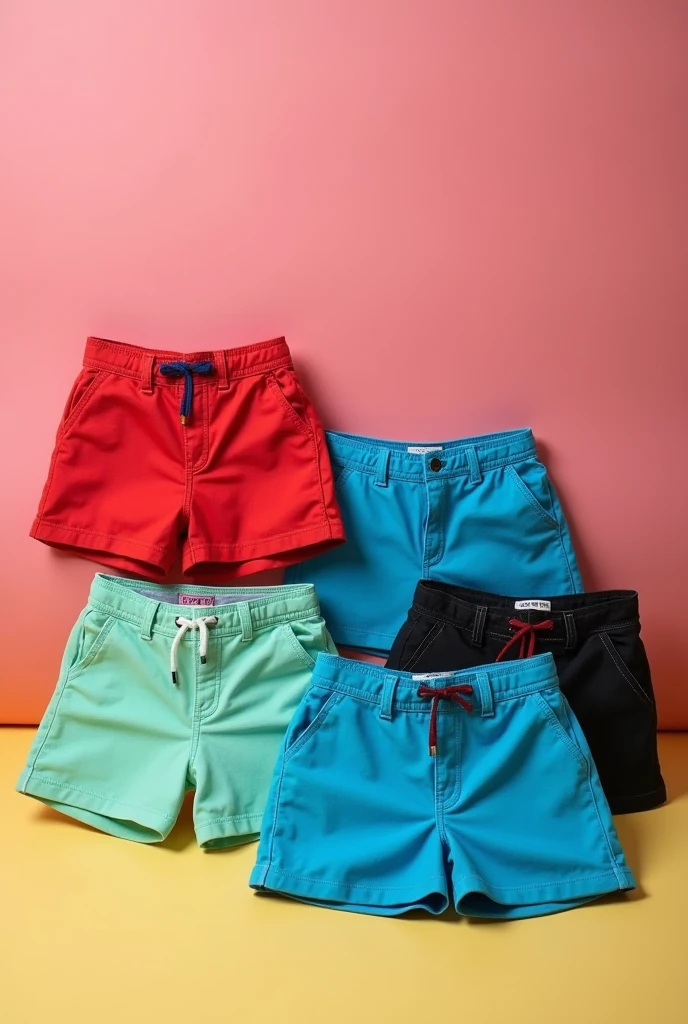 I need a photo for my store&#39;s stories, with the promotion of 3 shorts for the value of R$$100,00 The photo must contain solid colored shorts in various colors, always highlighting that they are on sale 
