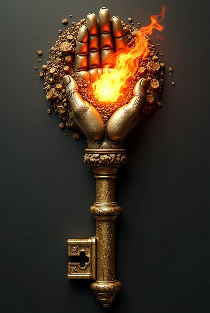 Design of a Key of the Primordial Matter Representation: A handful of earth containing a spark of fire., The key must be gold plated, Design it manga style 