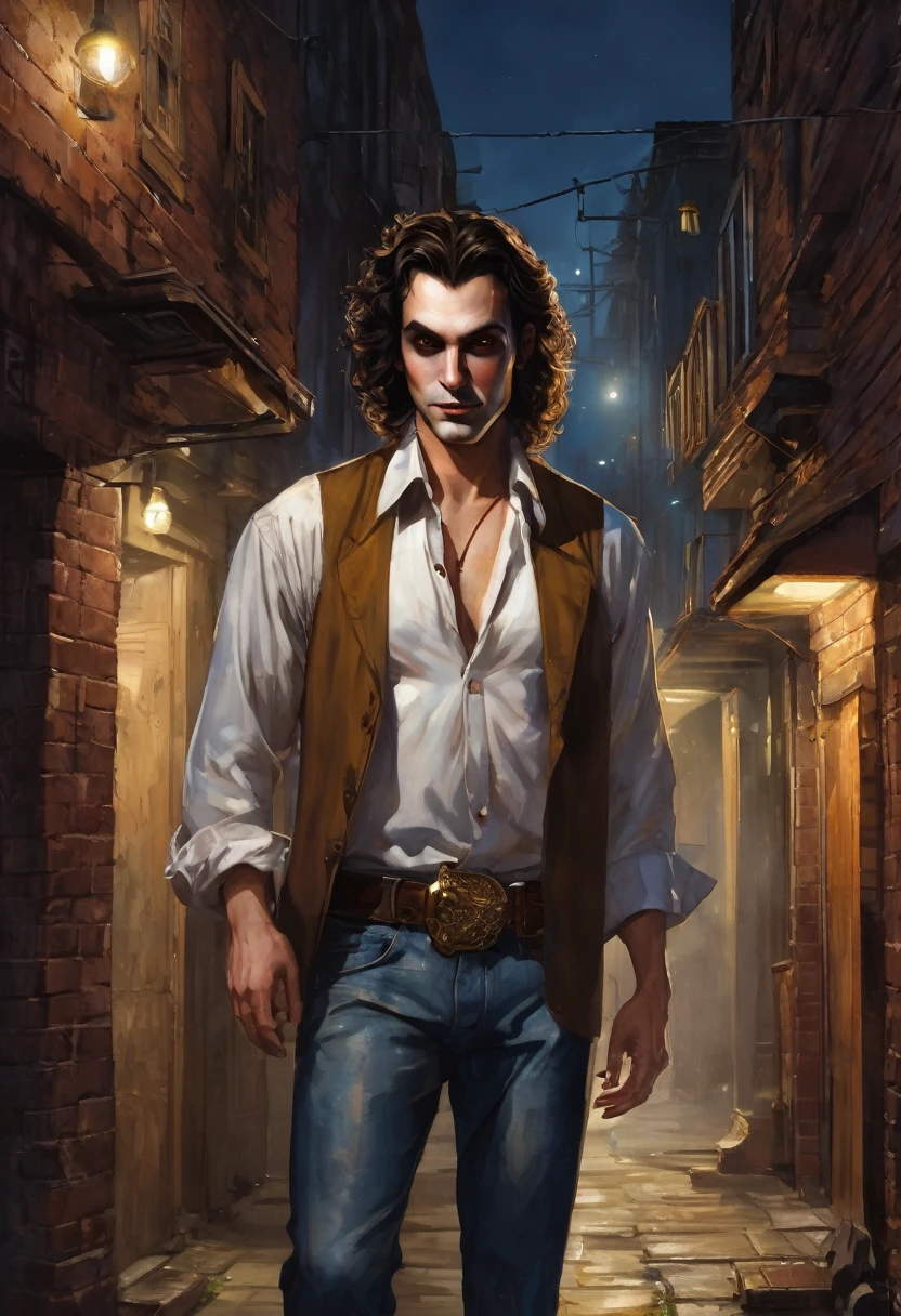 (good quality), (many details), (masterpiece), (good quality), (many details), (masterpiece), man in his early 30s, open shirt, jeans pants (cut out), trickster, broad hair in brown curls, bold, scar on eye, golden earring on left ear, talisman, hard face, at night in an alley, at the end of the alley a fair can be seen, realistic, vampire