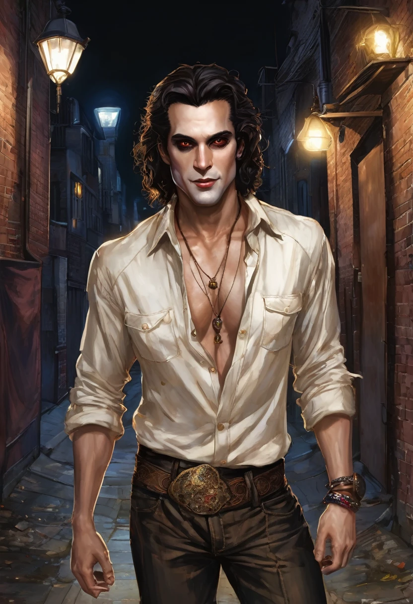 (good quality), (many details), (masterpiece), (good quality), (many details), (masterpiece), man in his early 30s, open shirt, jeans pants (cut out), trickster, broad hair in brown curls, bold, scar on eye, golden earring on left ear, talisman, hard face, at night in an alley, at the end of the alley a fair can be seen, realistic, vampire