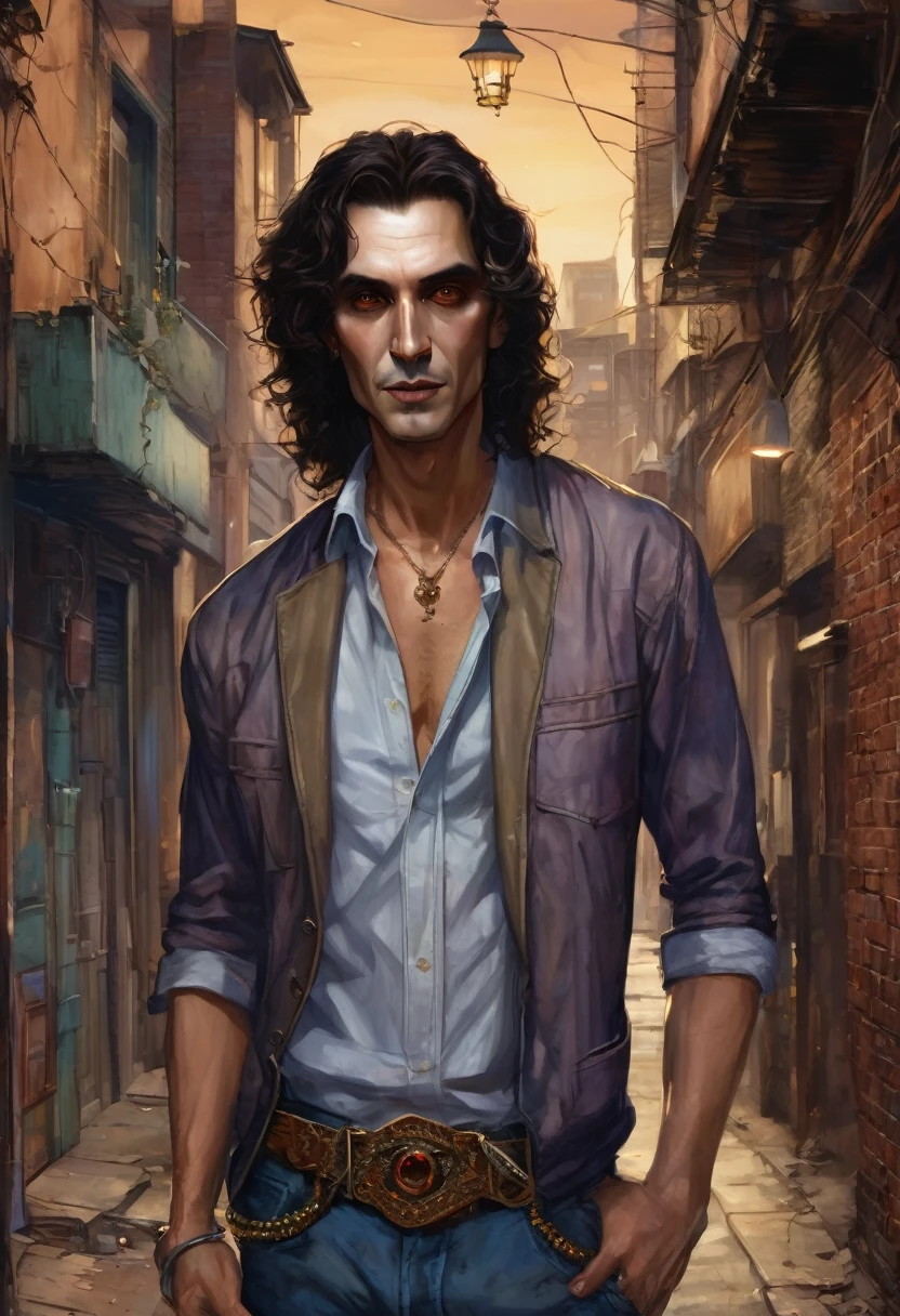 (good quality), (many details), (masterpiece), (good quality), (many details), (masterpiece), man in his early 30s, open shirt, jeans pants (cut out), trickster, broad hair in brown curls, bold, scar on eye, golden earring on left ear, talisman, hard face, at night in an alley, at the end of the alley a fair can be seen, realistic, vampire