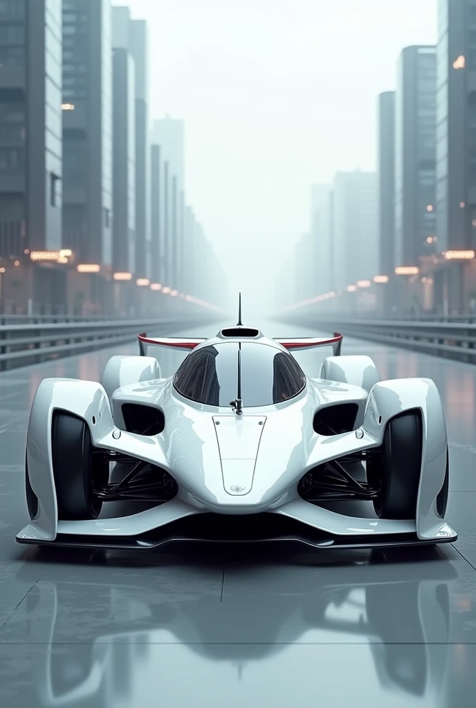 (top-quality、Realisticity)、masutepiece、8k picture、Bolides、racing car、The car of the future、((The racing car of the future))、Full Cowl Cyber Formula、(Futuristic cities)、Ultra-streamlined、6-wheel tires、pure white all over、19 inch wheels、Left and right jet engines、(Long body) 、(Wide Body)、Ｆ1、Pointed design、flat image、Large rear wing、ciber sideways front view