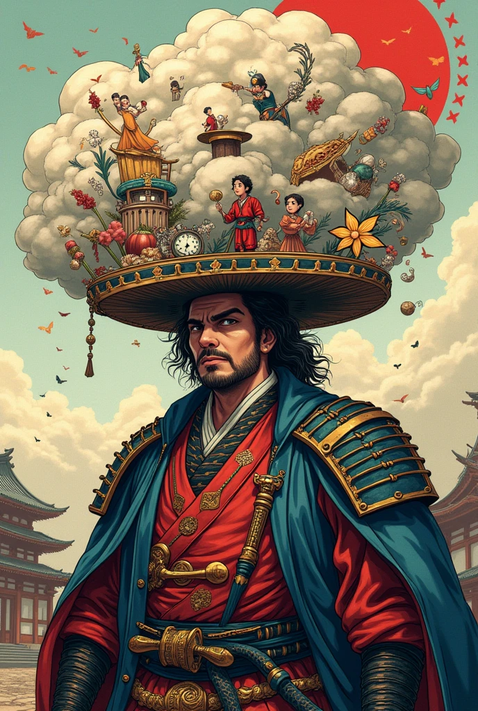 Draw Natanael Cano in a Samurai costume in anime style, with a cloud of ideas coming out of his head saying "“Not only the good, I enjoy the bad”, Put a mariachi hat on top of the samurai suit