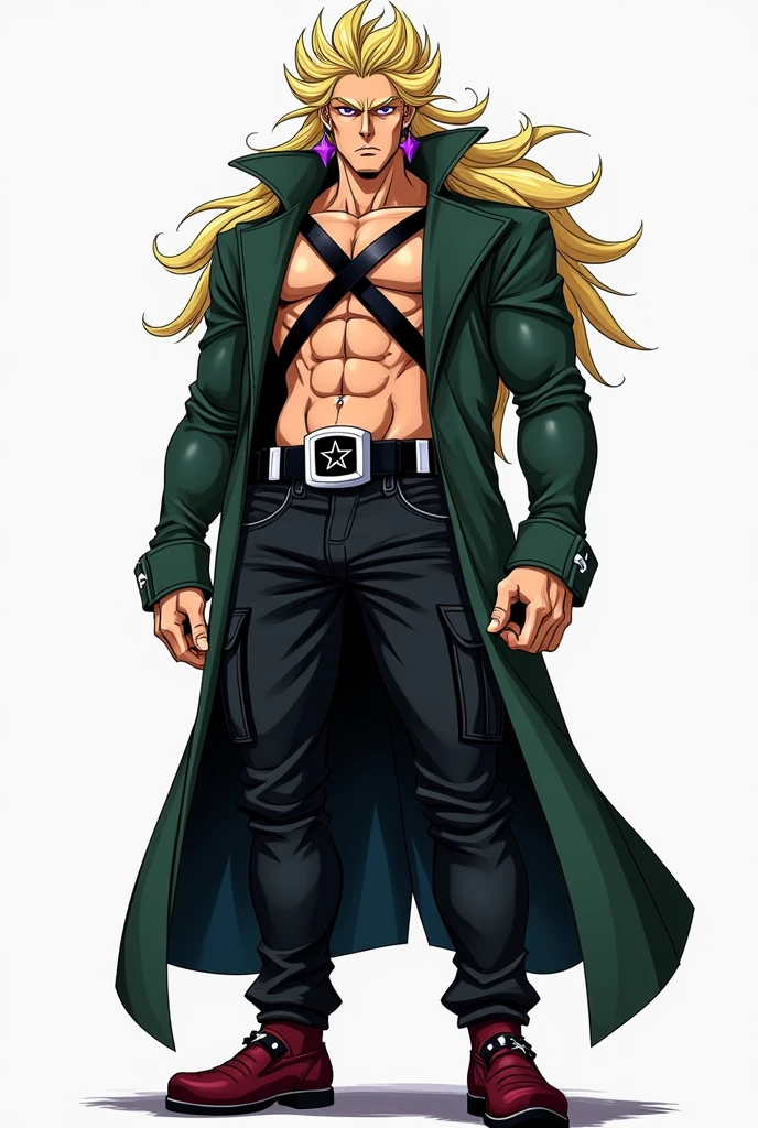 Generate an image (Whole body) of a French man with an annoyed and serious expression, tall with purple eyes, purple star earrings, Long fluffy blonde hair with a hairstyle similar to Johnny Joestar&#39;s but more noticeable and bigger. A long dark green jacket not buttoned, shirtless but with two black belts forming an X on his chest, a black cargo pants and dark red shoes, a black and white belt with a black and white star in the middle as well. jojo&#39;s style.