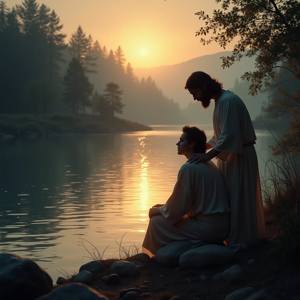 Create an image of a person sitting by a tranquil riverside at dusk. Jesus is beside them, His hand resting on their back as they gaze at the still waters. The scene radiates peace, symbolizing the comfort God provides in every trial.