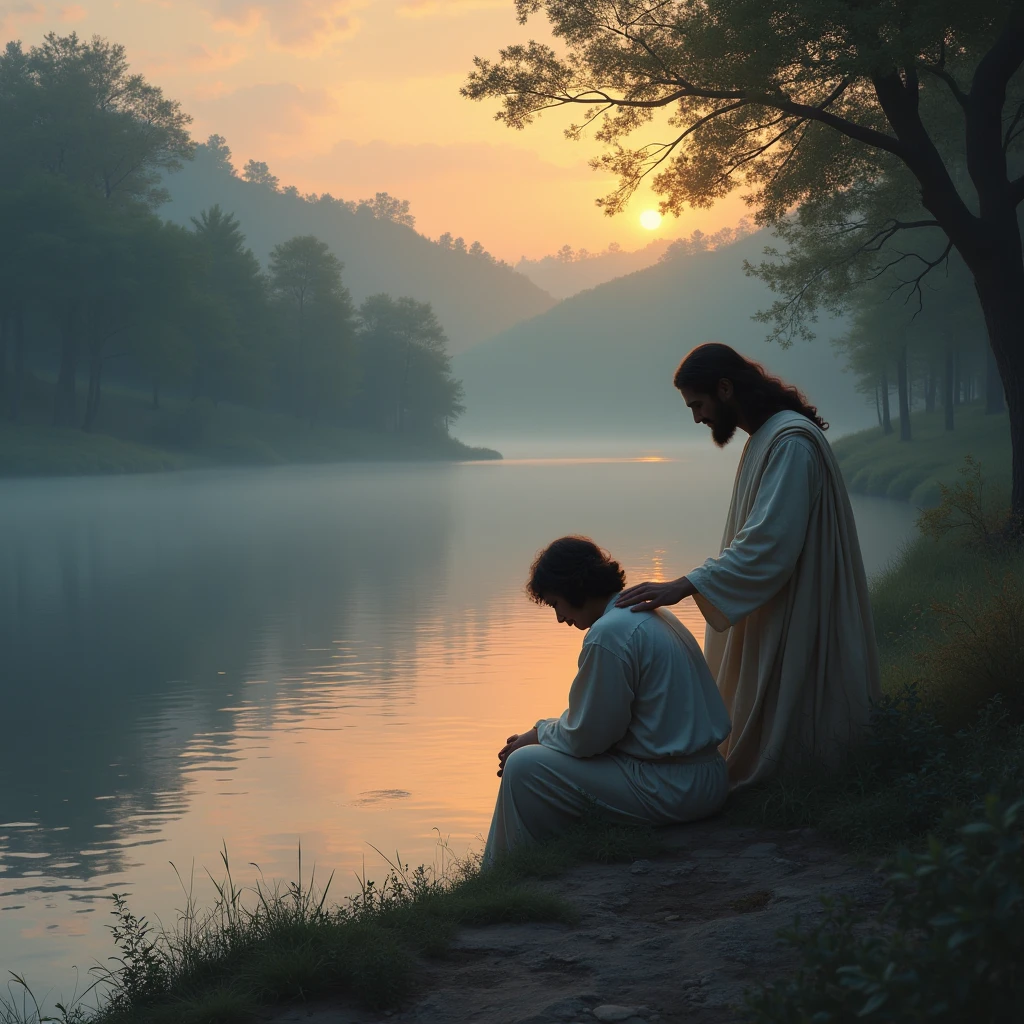 Create an image of a person sitting by a tranquil riverside at dusk. Jesus is beside them, His hand resting on their back as they gaze at the still waters. The scene radiates peace, symbolizing the comfort God provides in every trial.