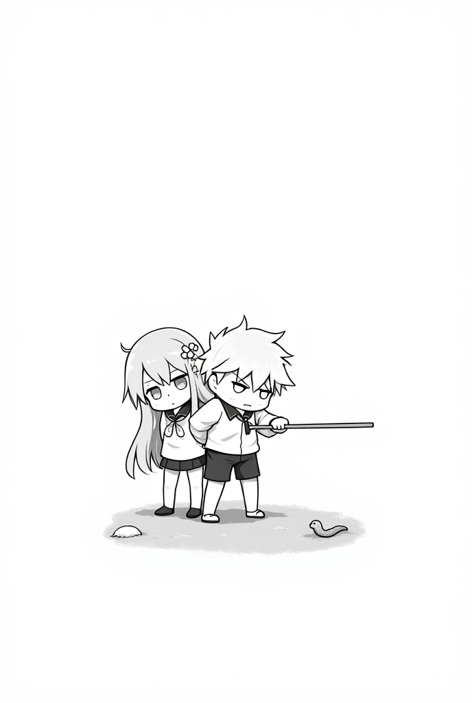 Create an image with the characteristics defined in the tag and avoid using the characteristics defined in the tag.
- Two chibi characters, a boy and a girl, in a kawaii drawing style with soft and rounded lines.
- The boy is in front, holding a stick with one hand, with an expression of determination or concentration. He has short, messy light-colored hair with a prominent tuft on top of his head.
- The girl is right behind the boy, holding onto his shirt with both hands, with a scared or nervous expression. She has long, wavy light-colored hair adorned with a flower on one side.
- Both characters are wearing school uniforms: collared shirts and shorts.
- In front of the boy, on the ground, there is a small, simply drawn snake that he is trying to fend off with the stick.
- The background is simple and minimal, focusing on the characters and the snake.
- The image should be in black and white, with light shading to give a sense of depth.