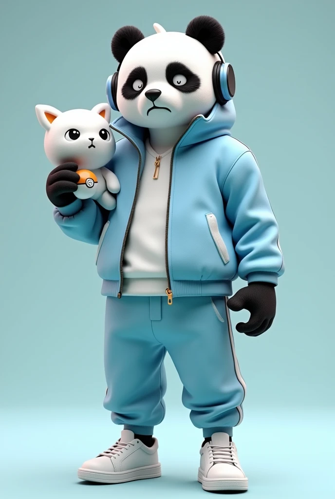 J'aimerais un panda humain, se trouvant dans le monde pokemon. Avec une veste blanc et bleu clair et un pantalon blanc et bleu clair, ded chaussures complètement blanche et un casque gaming sur la tête, tous en ayant un ectoplasma de couleur blanche sur l'épaule gauche et une pokeball dans la main droite. Il faudrait qu'il est le visage énervé.