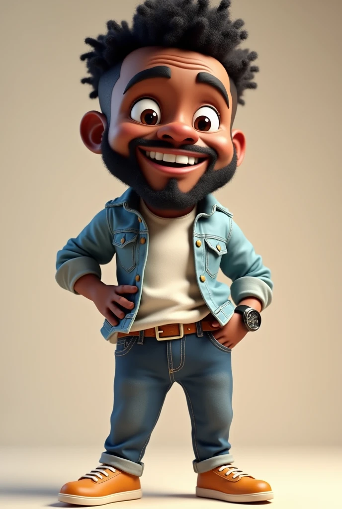 I want a black comedian with a funny facial expression that makes anyone laugh just by looking at his slightly large mouth., full body with social fact, shoe watch, tall and young with beard in 3D style with very high quality