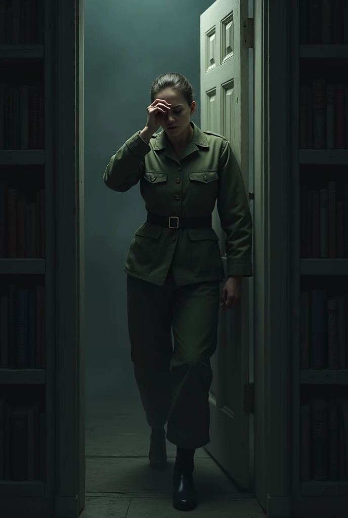 Marine Entering the Room: Capture the moment when Marine, taken by despair, enter the room on the left. The door can be shown closing quickly behind her, with Marine in the foreground, putting your hand over your mouth and shaking with emotion. The environment can be represented with bookshelves in half-light, creating an atmosphere of refuge and confinement.