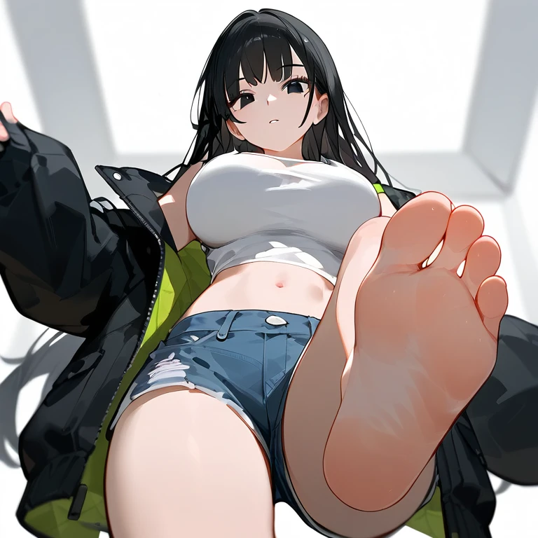 1 woman showing her feet,Black eyes,Black hair,White Belly Tank Top,Black jacket,Bangs, Long hair,齐Bangs, Denim shorts,Large Breasts(d),Solitary,Low Angle,Perfect feet,A big foot,Soles,Lift one foot,Stand on one foot,(youth),