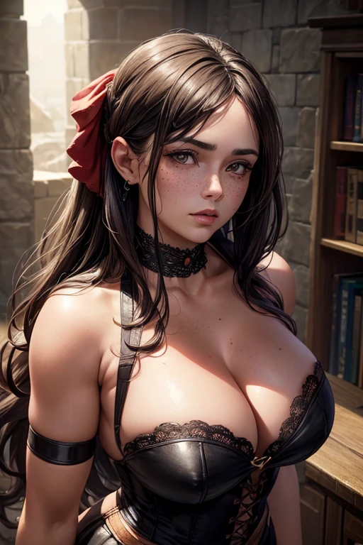 a woman in her late 30s, chubby physique, long straight dark brown hair, tousled hair ties up in ribbon, freckles, flushed cheeks, wearing a choker, large breasts, curvy figure, (best quality,4k,8k,highres,masterpiece:1.2),ultra-detailed,(realistic,photorealistic,photo-realistic:1.37),detailed portrait, cinematic lighting, natural skin texture, intricate details, dramatic colors, moody atmosphere, seductive pose, medieval maiden