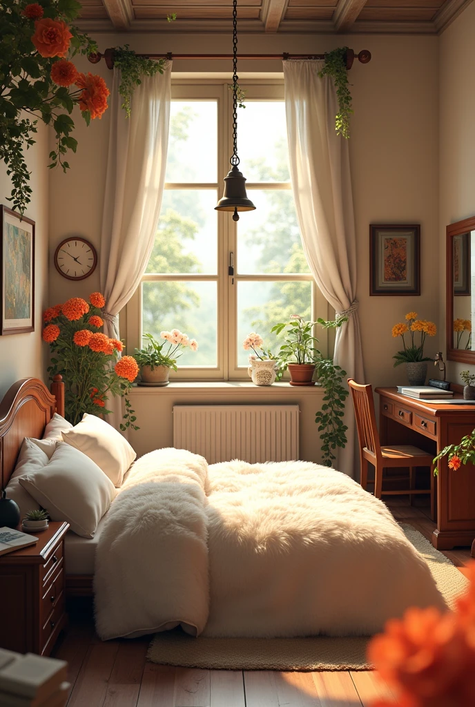 A bedroom with  fluffy bed,big window with bell hanging,  beige walls,study table,dressing table with long mirror,small bookshelf, a swing and flowers,dark academia vibe