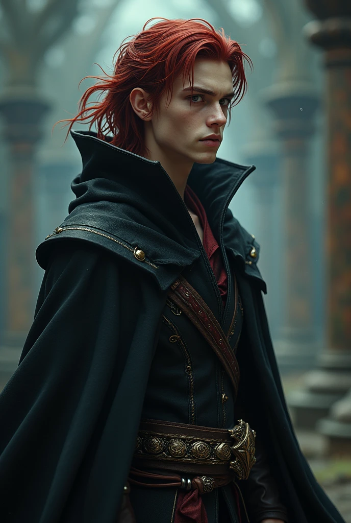 a young man in his twenties, he is from fantasy world, he is king of death, he is tall and skinny but very athletic, he has middle lenght dark red hair and deep jet black eyes, he’s race is white, he is handsome, very beautiful, , breathtaking beautiful he is real king amazing and brave, strong masculine man, angel of death beauty, sexy