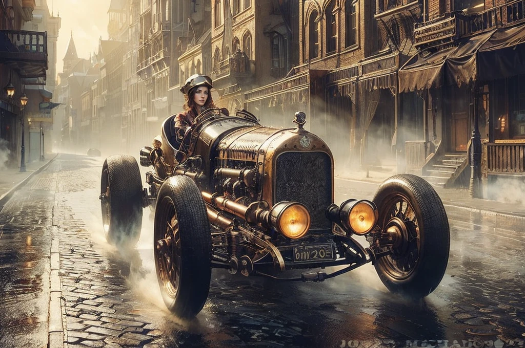 there is a beautiful steampunk woman driving a vintage car down a street, steampunk car, digital steampunk art, steampunk digital art, art nouveau octane render, steampunk art, inspired by Grzegorz Domaradzki, inspired by James Gurney, by Joop Sanders, futuristic dieselpunk street, steampunc, steam-punk, steampunk concept art, detailed steampunk illustration