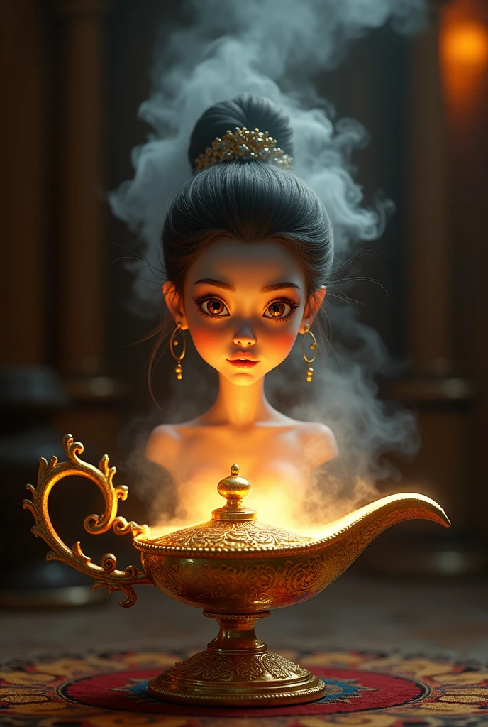 a gorgeous genie emerging from an oil lamp in a puff of smoke, beautiful detailed face and eyes, long eyelashes, ornate golden lamp, dramatic lighting, cinematic composition, highly detailed, intricate details, photorealistic, 8k, HDR, dramatic lighting, warm color palette, fantasy art, concept art, digital painting, chiaroscuro