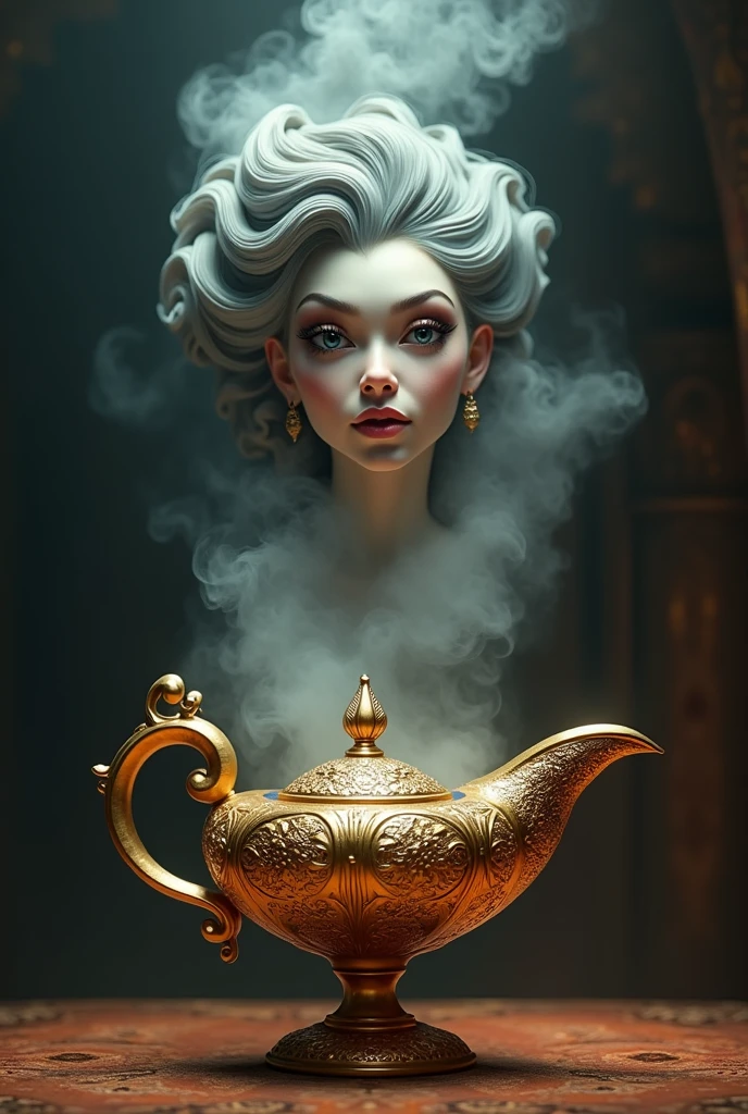 a gorgeous genie emerging from an oil lamp in a puff of smoke, beautiful detailed face and eyes, long eyelashes, ornate golden lamp, dramatic lighting, cinematic composition, highly detailed, intricate details, photorealistic, 8k, HDR, dramatic lighting, warm color palette, fantasy art, concept art, digital painting, chiaroscuro