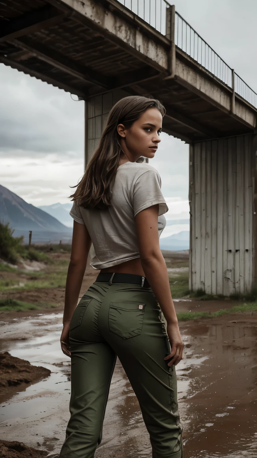 Foto hiperrealista en primer plano de 20 years old Alicia Vikander, masterpiece, best quality, (photorealistic:1.4), full body, she is dirty, (dirty with stains white t-shirt, dirty green tactical pants), dirty clothes with stains, Depict an empty road, mountains in the background, a rainy day, a muddy road in the rugged style of the game's concept art. This work should evoke a sense of abandonment and despair in a futuristic, post-apocalyptic world. Notice the intricacies of detail, the sharp focus, grey sky, cinematic light, beautiful woman, skinny, medium breasts, straight dark blond  hair, detailed face, photo taken from a distance, she walks away, her butt is visible