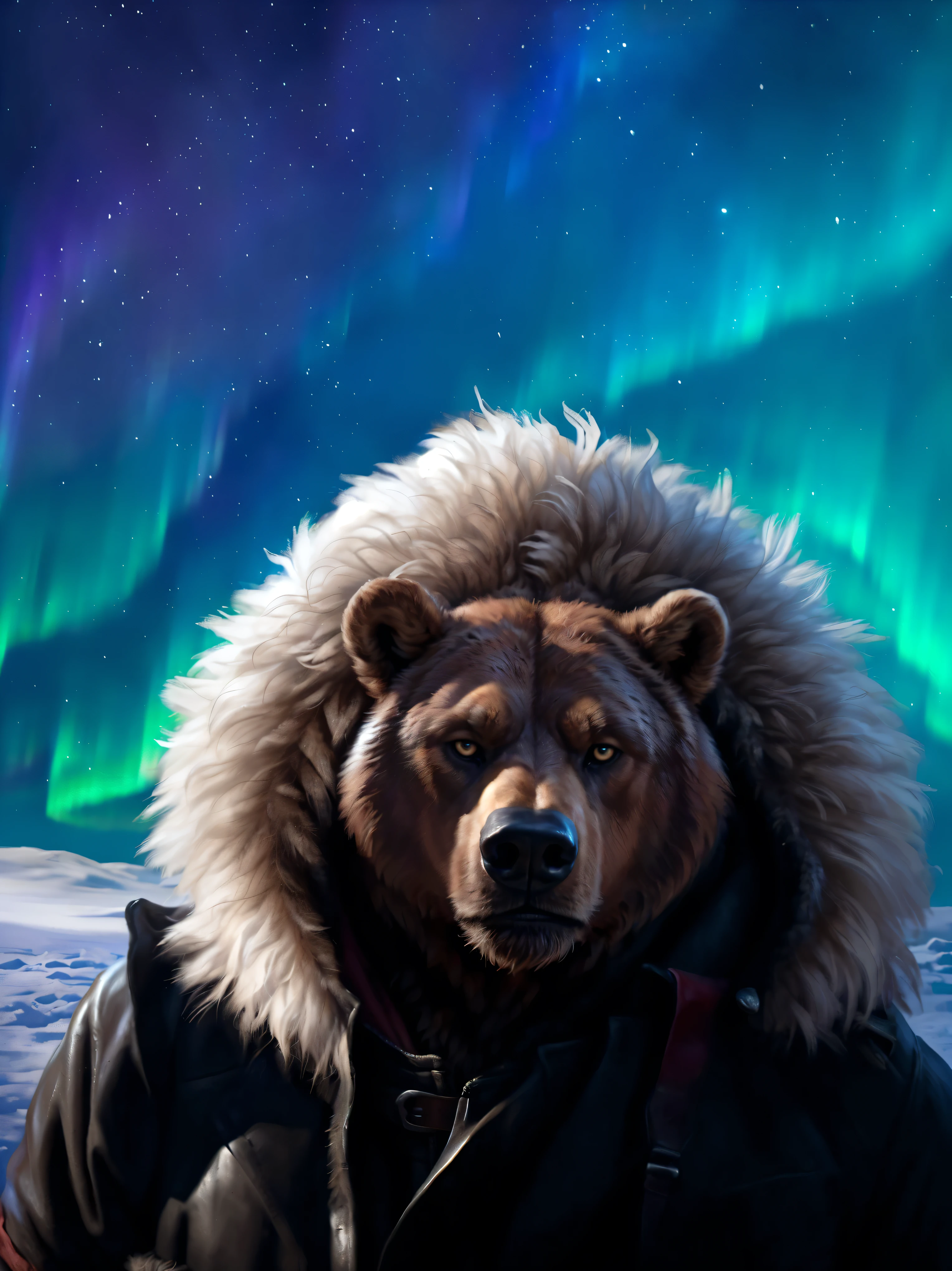 Sharp focus, masterpiece, 8k, intricate artwork, hyper detailed, high detail, best quality, perfect colors, perfect shadows, perfect lighting, posted on e621, furry body, full-length shot, front view, anthro brown bear, (veiny, massive strongman, burly, manly, brutal face features, masculine:1.3), (monotone brown fur, nails on hands), male, correct anatomy, (photorealistic fur, detailed hairs, epic, masterpiece, correct finger count:1.2), by Taran Fiddler, by Rukis, Bonifasko lighting, (by Blotch), detailed bear eyes, best posture, aurora borealis, North Pole, snowstorm, blizzard, standing, snow, (dressed in thick warm winter clothes:1.3)