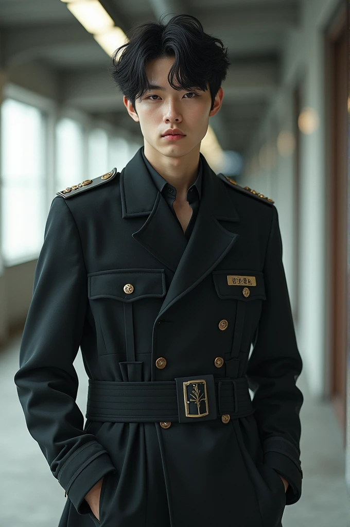 create an realistic photo of young attractive Korean man with sweaty curly hair wearing a black military army uniform outside full body
