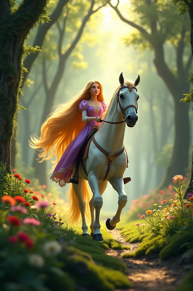 Princess Rapunzel riding a horse in the forest