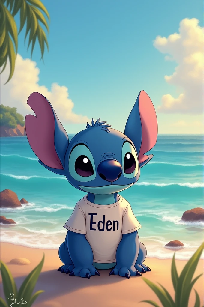 stitch next to the sea with a t-shirt written eden