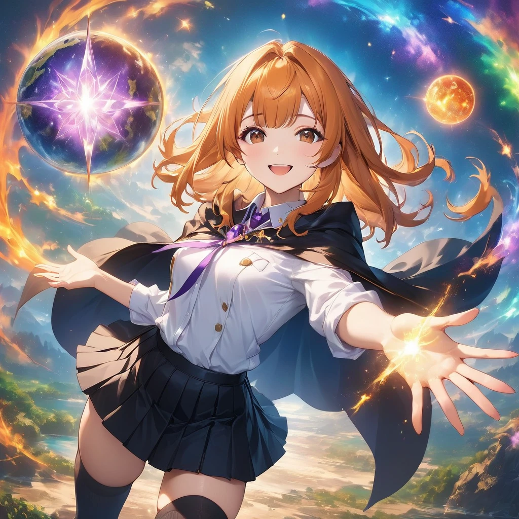 Collete、A lively 16-year-old girl, Bright and happy、smile、Orange medium length hair、Brown eyes、Black mini pleated skirt、White shirt、Black cape with purple jeweled clasp、Black leather shoes、Black thigh-high socks、Earth magic、Magic School、(masterpiece:1.2), (Beautiful attention to detail:1.2), Perfect lighting, (Perfect hands, perfect anatomy)