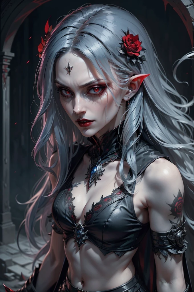 photography of a beautiful monster woman with flowers in her hair. (from above:1.2).(close up) . deep , wearing a crop top , wearing earing,dark purple-red-blue color, punk woman with runic tattoos,(captivating expression). blury background. slim, (small breasts)irt, open vest, midriff),(best quality,4k,8k,highres,masterpiece:1.2),ultra-detailed,(realistic,photorealistic,photo-realistic:1.37),surrealism,movie still,women,horrifying fangs,bloodshot eyes,blue hair,illustration,horror,portrait,dark ambiance,dreamlike setting,vivid colors,sharp focus,soft lighting,detailed shadows,creepy atmosphere,dramatic composition,ethereal atmosphere,haunting expressions,macabre aesthetic,unusual perspective,mystical elements,subtle textures,strong contrast,ominous mood,uncanny feeling,curious symbolism,mysterious background imagery,expressive brushstrokes,mind-bending visuals,unsettling beauty,(Masterpiece), (best quality), (ultra detailed), (sharp focus), (best lighting), 1girl, cloaked, deep v cut short, naval, cleavage, red eodied, pale skin, dark theme, tentacles, goddess, evil goddess, black theme,
