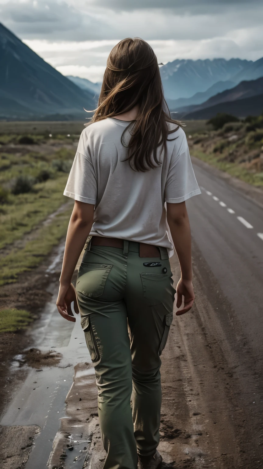 Foto hiperrealista en primer plano de 20 years old Alicia Vikander, masterpiece, best quality, (photorealistic:1.4), full body, she is dirty, (dirty with stains white t-shirt, dirty green tactical pants), dirty clothes with stains, Depict an empty road, mountains in the background, a rainy day, a muddy road in the rugged style of the game's concept art. This work should evoke a sense of abandonment and despair in a futuristic, post-apocalyptic world. Notice the intricacies of detail, the sharp focus, grey sky, cinematic light, beautiful woman, skinny, medium breasts, straight dark blond  hair, detailed face, photo taken from a distance, she walks away, her butt is visible