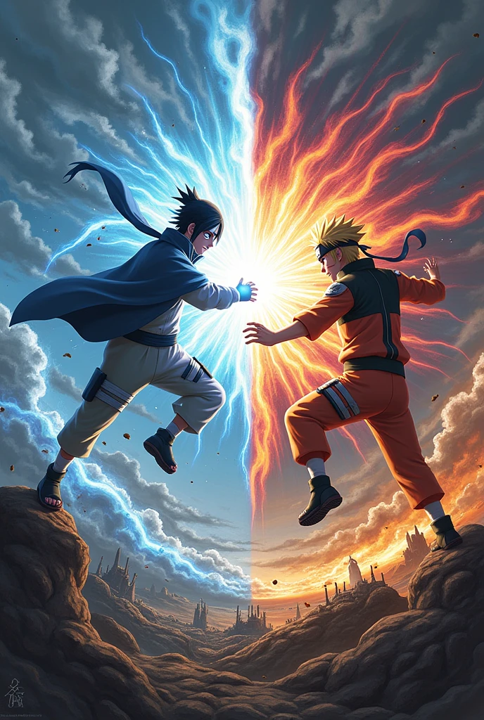 Reimagine the most epic battle of Naruto as a visually stunning and dramatic scene. Picture Naruto Uzumaki and Sasuke Uchiha locked in a fierce, climactic duel atop a crumbling mountain peak, with a vast, stormy sky swirling above them. Naruto, in his Sage of the Six Paths form, is unleashing a massive Rasengan, its energy crackling with vibrant blues and whites, while Sasuke counters with a colossal Chidori, glowing with intense purples and blacks.
Surround them with swirling, dynamic elements of their respective powers: Naruto’s aura is a dazzling mix of golden and crimson energy, while Sasuke’s is a dark, electrifying haze. Add visual effects like lightning, energy shockwaves, and debris flying from their intense clash. In the background, incorporate a shattered, panoramic view of Konoha and distant battle scenes to convey the scale and impact of their confrontation.
Include dramatic lighting that casts stark contrasts and emphasizes the explosive nature of their battle. Add a caption like “The Final Clash: Naruto vs. Sasuke – The Ultimate Test of Power and Will” in bold, fiery text to highlight the gravity and intensity of the battle.