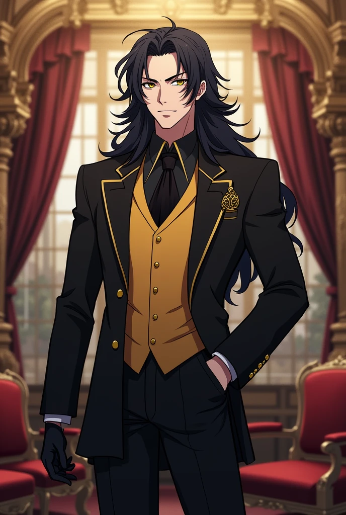 Create an anime style image of my character: It's called Dahak, lives on earth. stomach 1.97, Her hair is black, long to the sternum and wavy.. Her skin is white with pink undertones.. His eyes are golden and his pupils are slanted. He is 2. His body type is inverted triangle. (shoulders wider than hips), Your somatotype is mesomorphic, He is muscular and strong. has a serious expression. He is dressed in an elegant black suit with gold details., and a yellow vest. His jacket has a gold chain clasp.. It has no horns or wings.. He has black leather gloves on his hands.. She has bushy eyebrows and thick, beautiful eyelashes.. He is very handsome. And it's in his 1800's Victorian style mansion. He looks handsome. And his features are masculine.