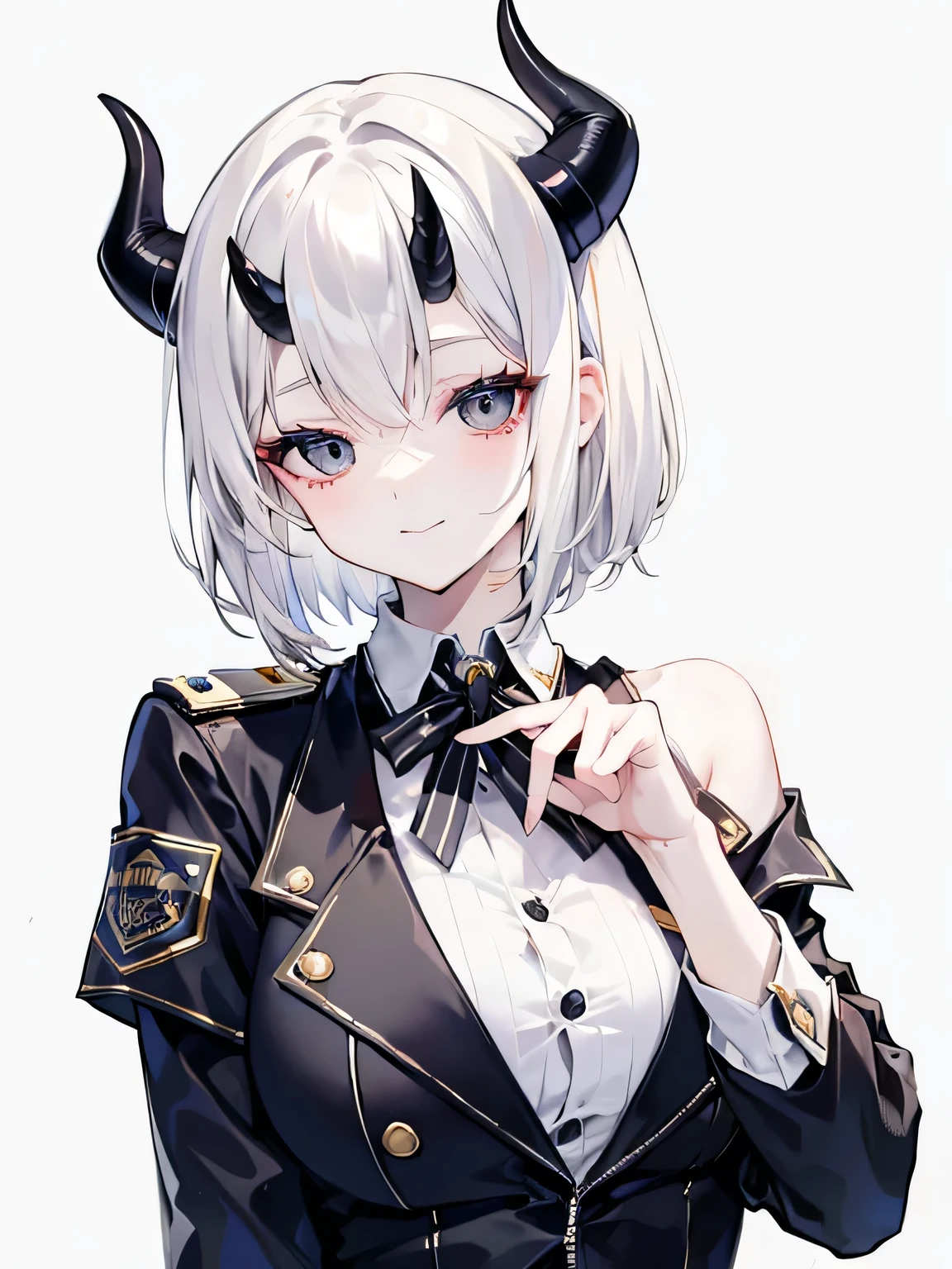 adult woman, White hair, (shoulder-length hair), ((grey eyes)), police uniform, cute face, Pretty appearance, kind look, Cozy atmosphere, kindness and positivity, nice smile, closed mouth, closed clothing, (((plain background))), (horns), Demon Girl, short hair