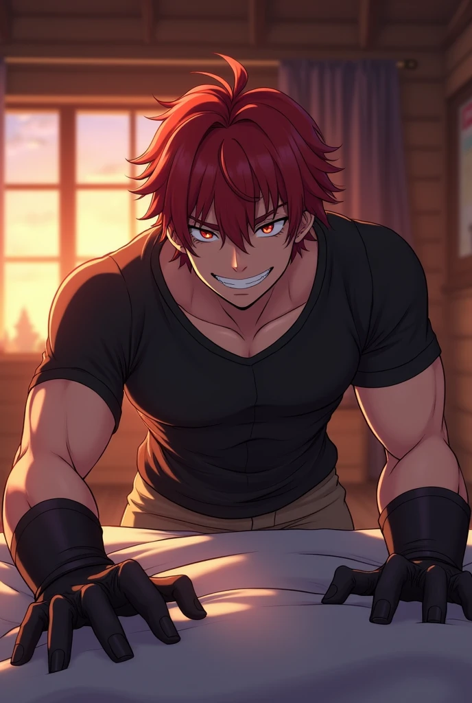 Red and white furry werewolf brave anime character,Strong young man、He is a calm werewolf boyfriend,Wearing a black warrior top, black gloves, and brown adventurer pants,Has red-black hair and red eyes,Short hair,Neat and short bangs,Grinning,Inside the wooden house with dusk in the background,He pushed me down on the bed