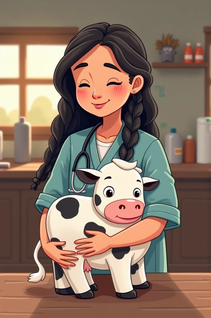 Create a cartoon drawing of a veterinarian with long dark braided hair, white skin and with a baby cow with black spots