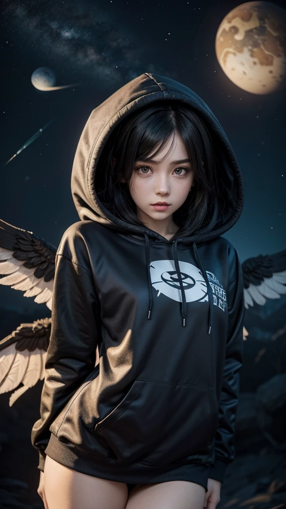 There is a woman with wings and a planet in the background, 3D rendering of a cute anime girl, de Trevor Brown, unknown zodiac sign, inspired by Illarion Pryanishnikov, black hair girl wearing hoodie, Dark skin, normal looking lips, not so long hair, red color trend in artstaion, qifenglin, poster, technological clothing, low angel