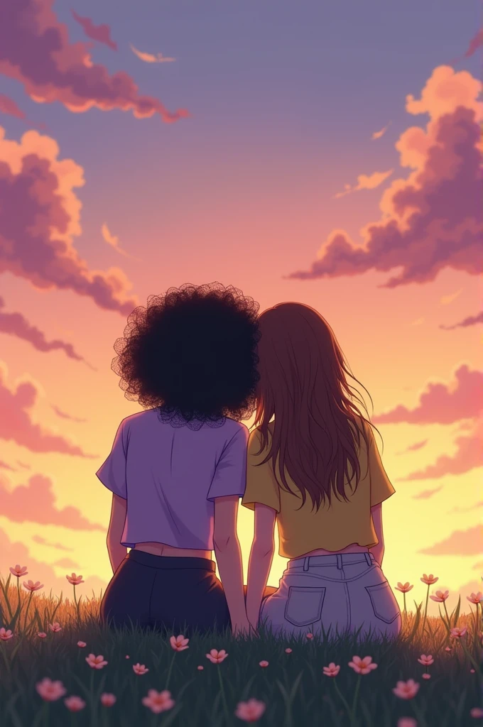 a sky at dusk,with a gradient from pink to orange and yellow, that have clouds that appear to be purple,and you can see the grass with little flowers,now add more details,leave figurative mebos,now add two girls with their backs facing the view so you can't see their faces,sitting on the grass, holding hands, one has her head lying on the other's shoulder , one of the girls has curly black hair,black and is wearing a lilac blouse, while the other is white and has brown hair down to her waist, and wears a short yellow blouse