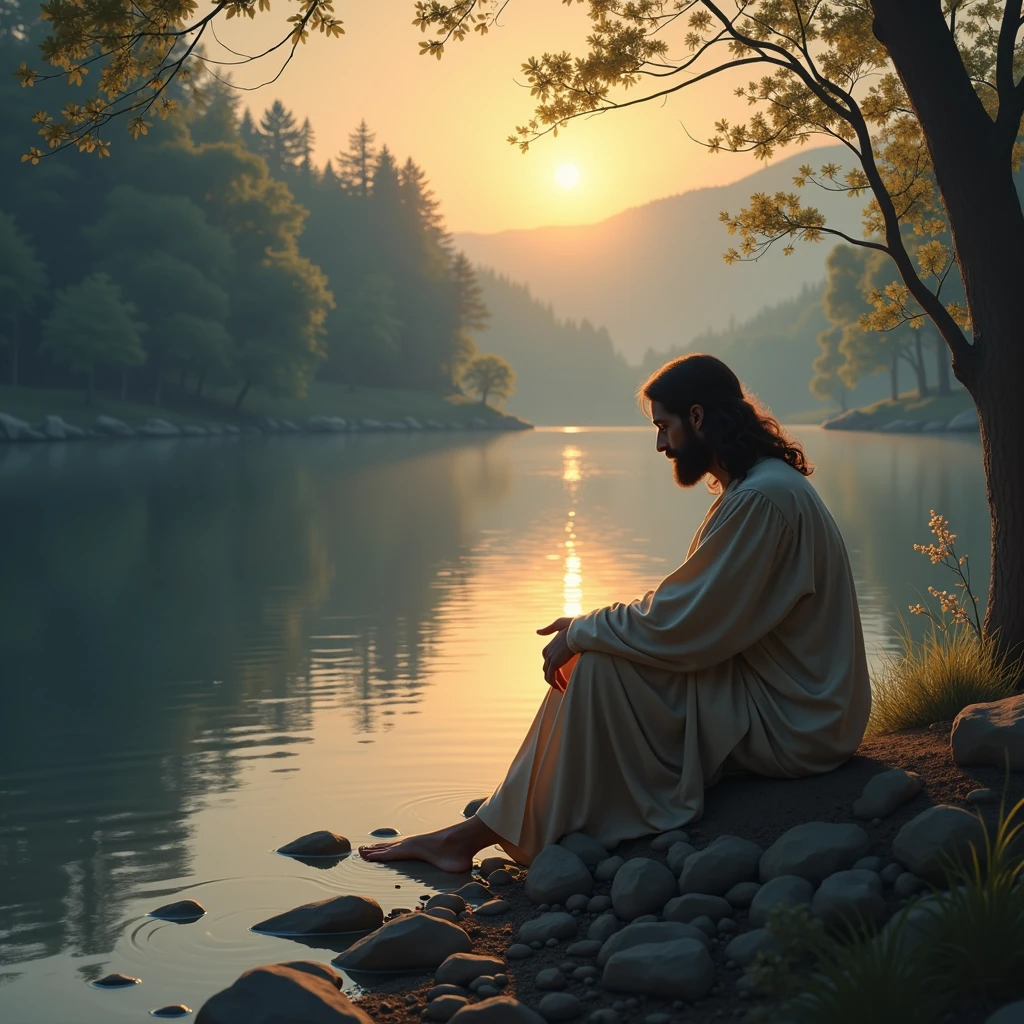 Create an image of a person sitting by a tranquil riverside at dusk. Jesus is beside them, His hand resting on their back as they gaze at the still waters. The scene radiates peace, symbolizing the comfort God provides in every trial.