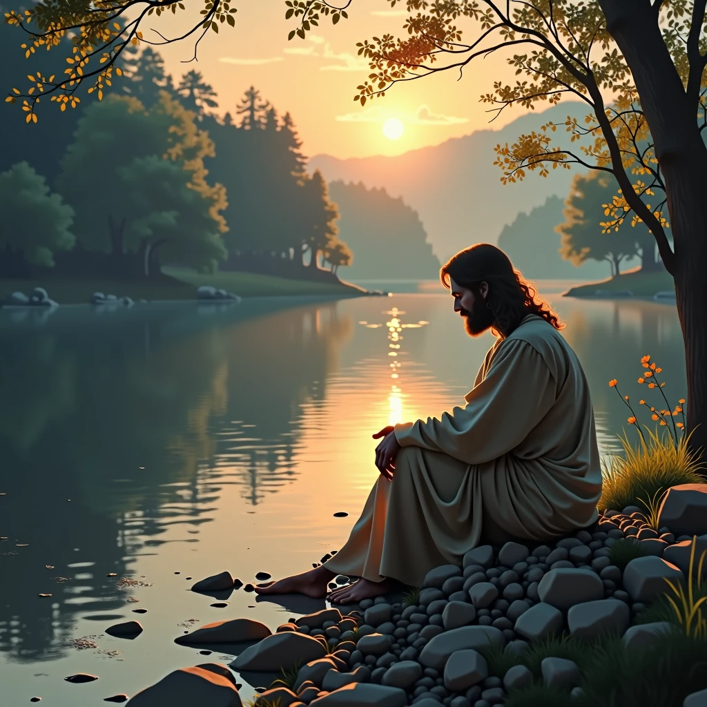 Create an image of a person sitting by a tranquil riverside at dusk. Jesus is beside them, His hand resting on their back as they gaze at the still waters. The scene radiates peace, symbolizing the comfort God provides in every trial.